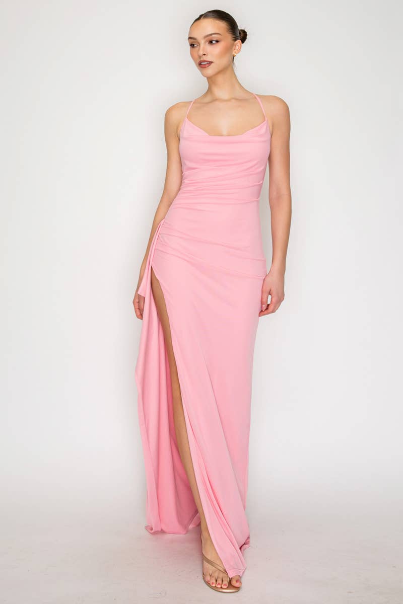 Cowl Neck Ruched Slit Maxi Dress - Proper