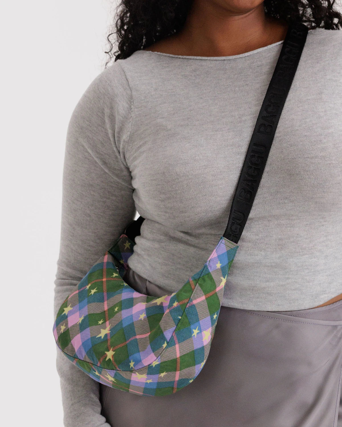 Baggu Small Nylon Crescent Bag - Green Star Plaid