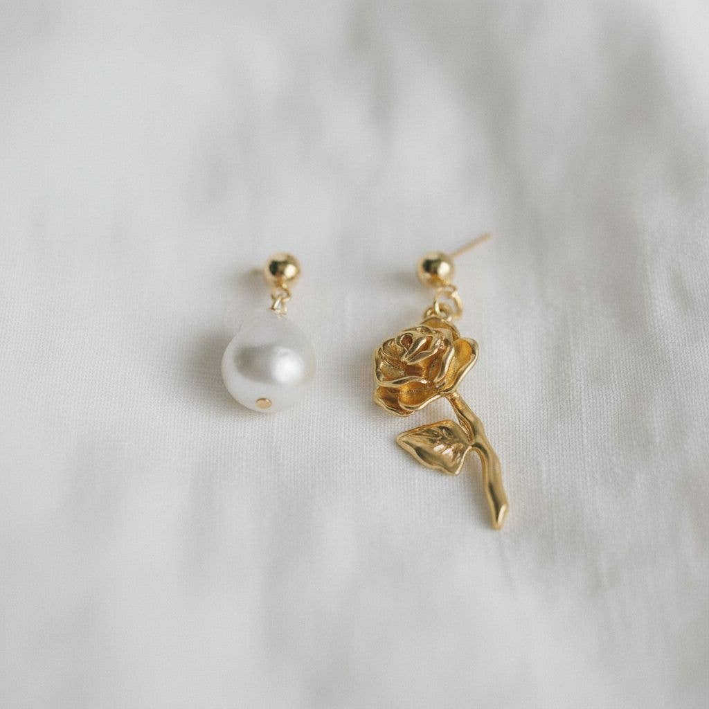 Freshwater Pearl & Rose Mismatch Earrings