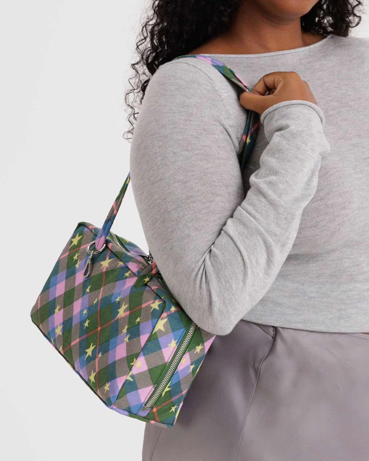 Baggu Nylon Bowler Bag - Green Star Plaid