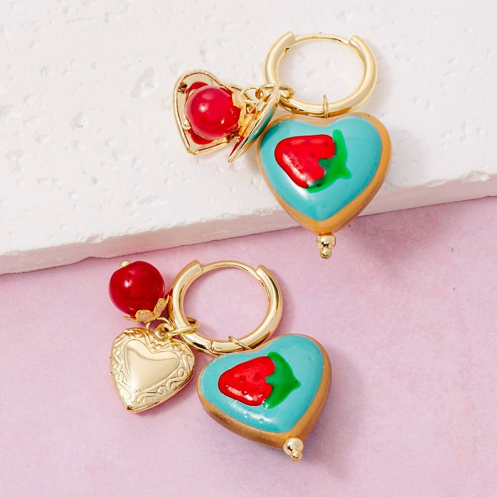 Strawberry Heart Locket And Fruit Charms Hoop Earrings - Proper