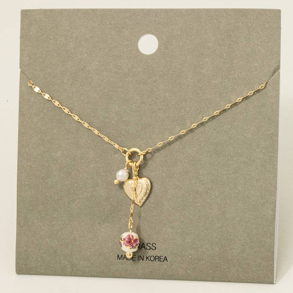 Heart And Floral Ceramic Bead Charms Necklace - Proper