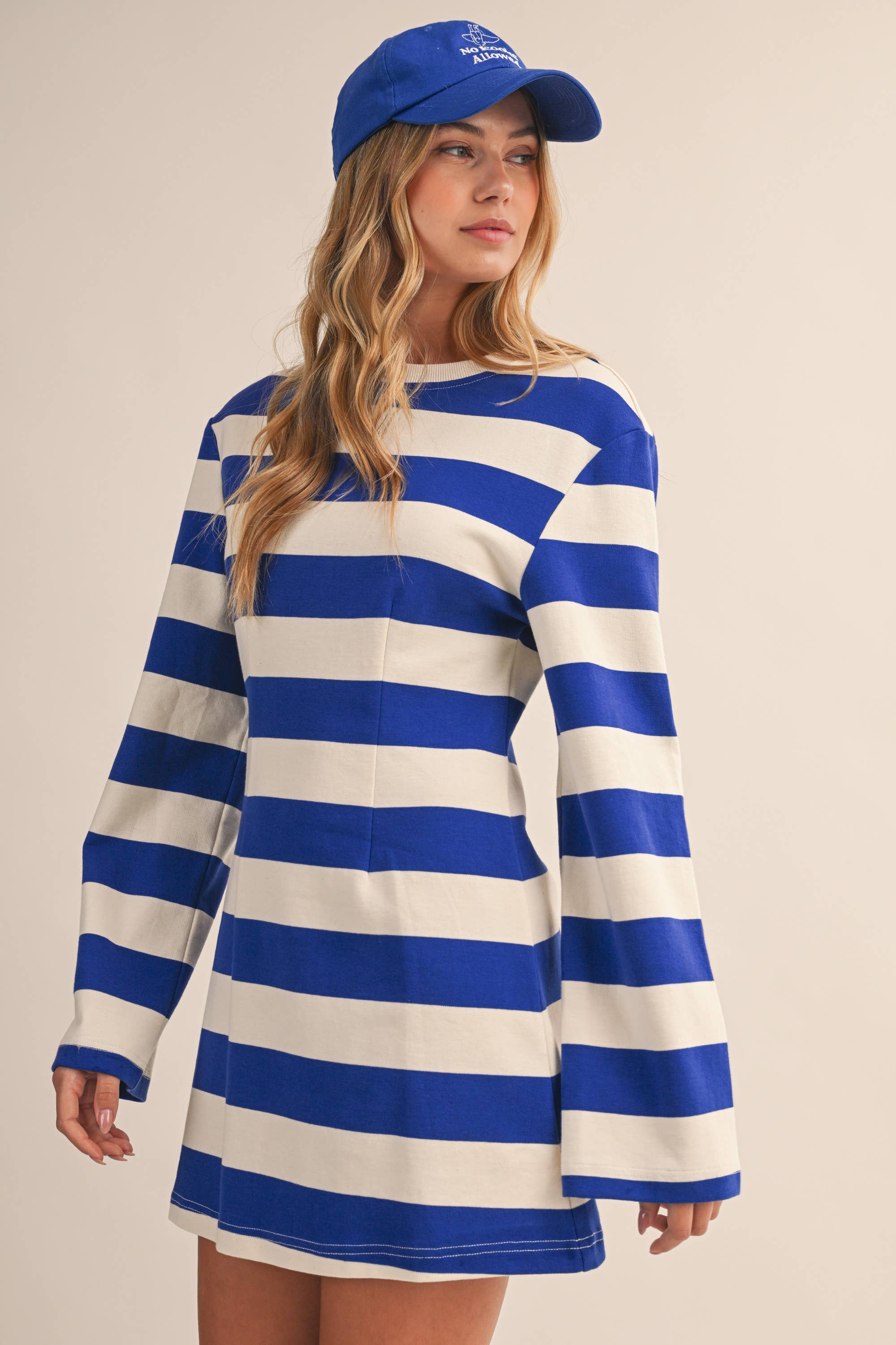 IDA1016 STRIPED LONG BELL SLEEVE MINI DRESS - Proper