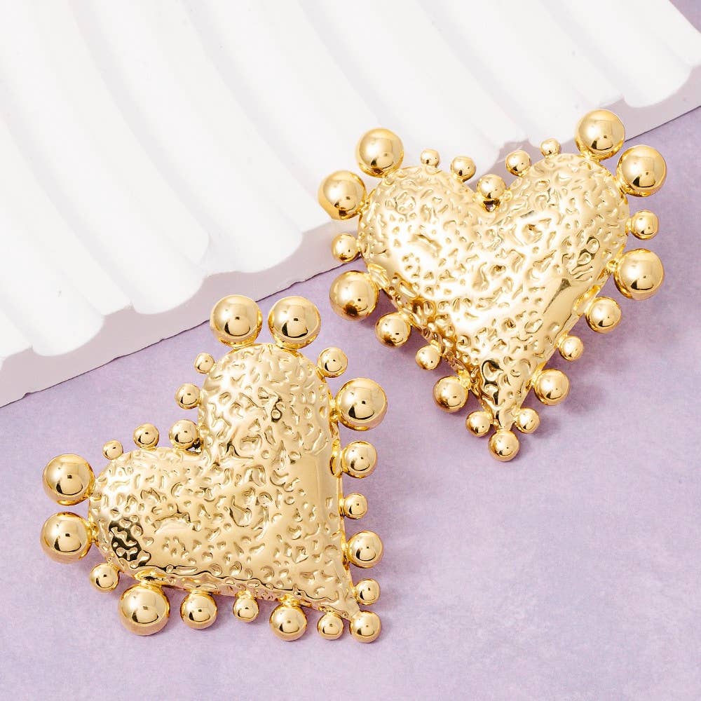 Gold Dipped Intricate Heart Large Stud Earrings - Proper