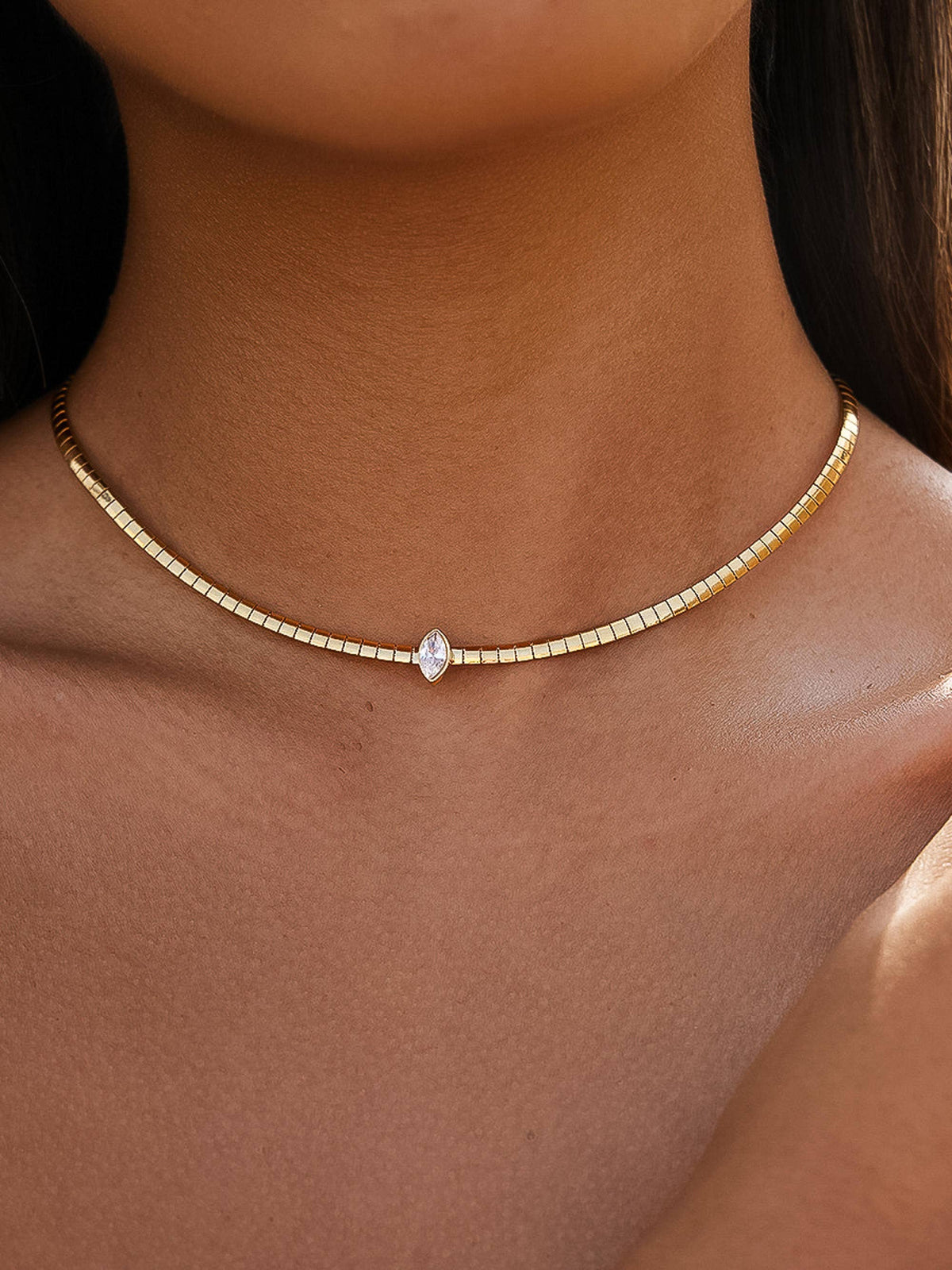 Wynter 18K Gold Non-Tarnish Marquise CZ Box Chain Choker - Proper