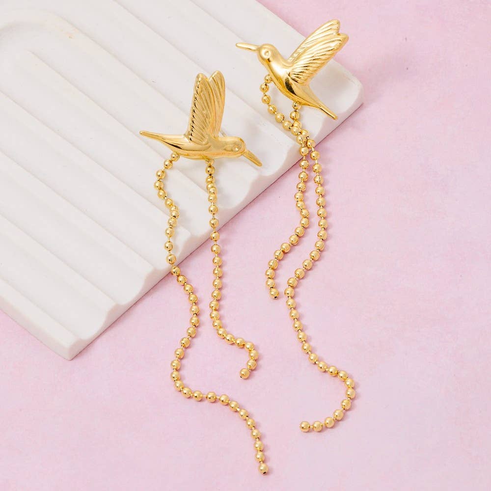 Gold Dipped Humming Bird And Chain Stud Dangle Earrings - Proper