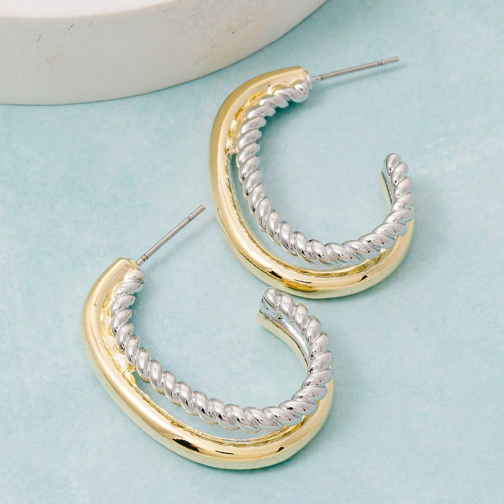 Gold Plated Two Tone Layered Oval Hoop Earrings - Proper