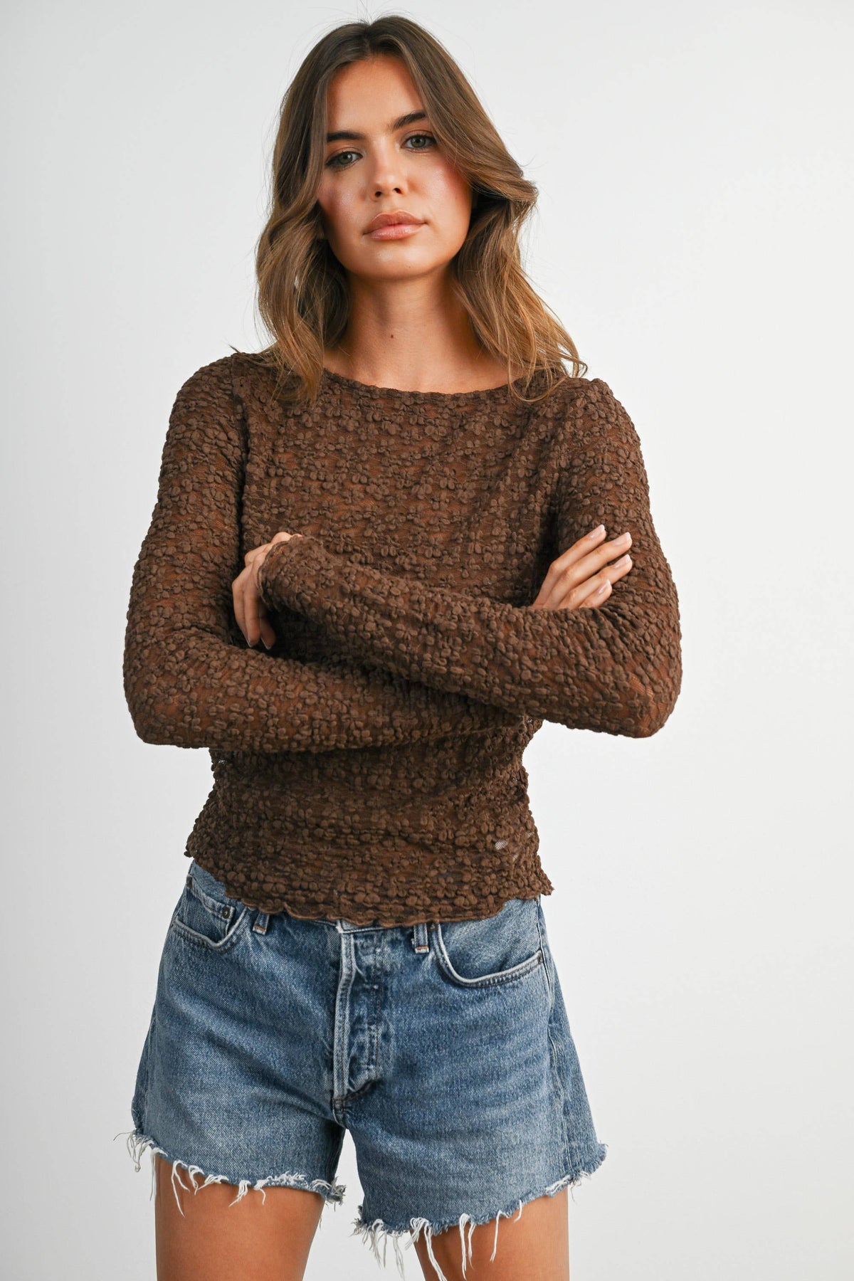 Ivory Textured Long Sleeve Top- BMT8482 - Proper