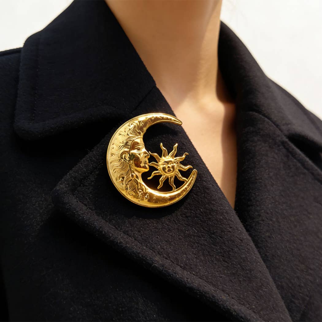 STAINLESS STEEL SUN AND MOON BROOCH PIN - Proper