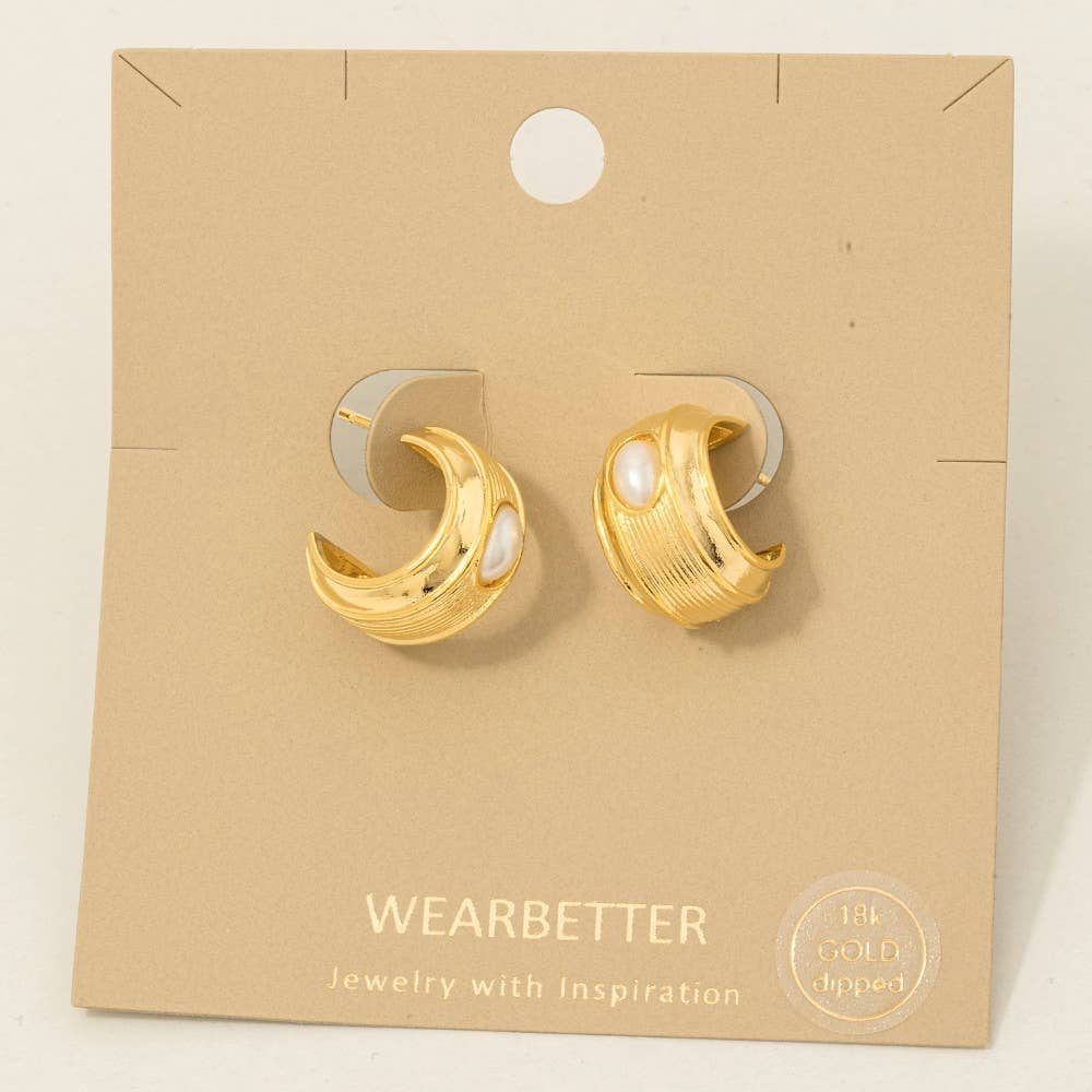 Gold Dipped Oval Pearl Stud Wide Hoop Earrings - Proper