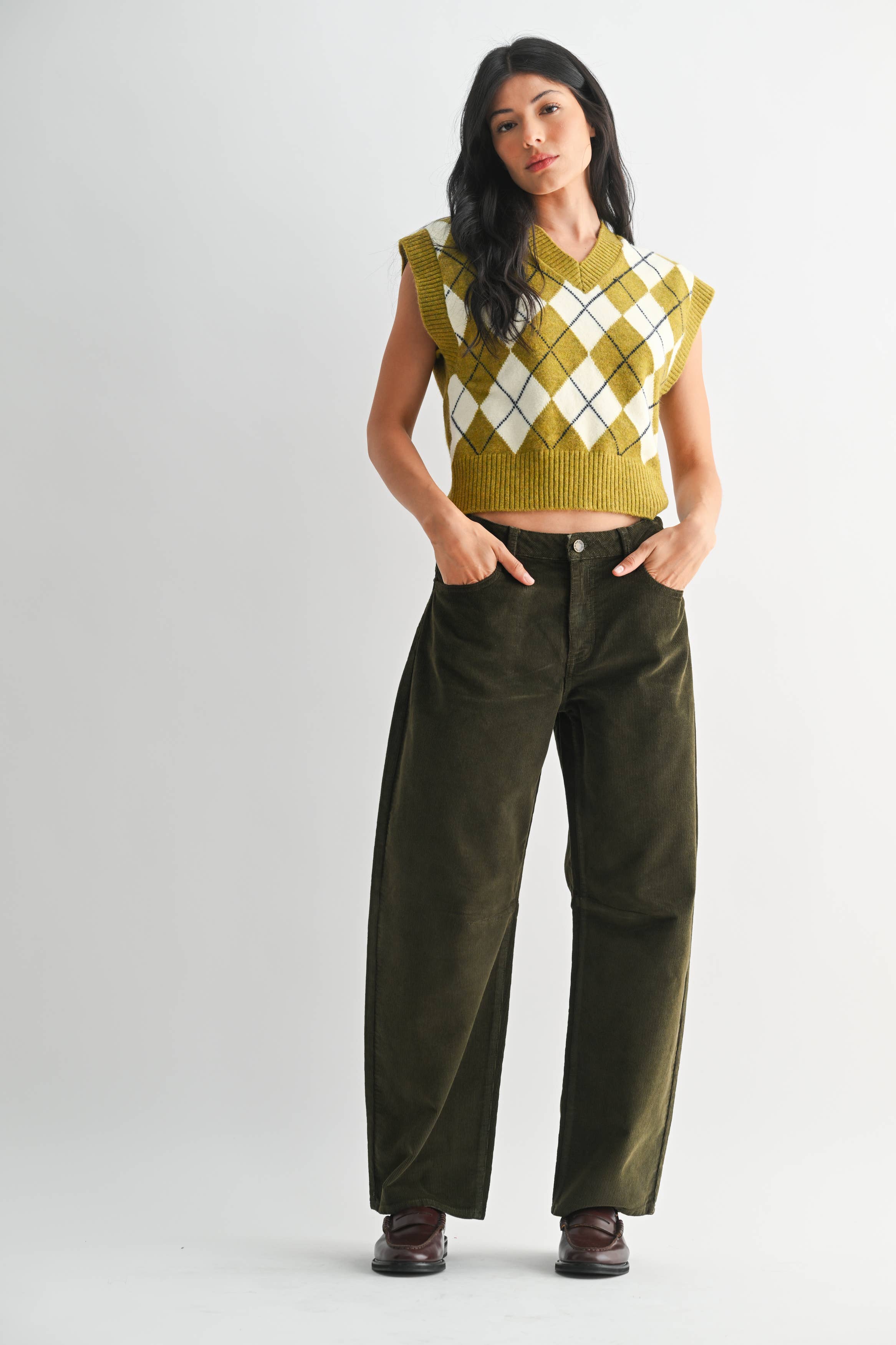 DP786-C - DK OLIVE - Corduroy Barrel Jean - Proper