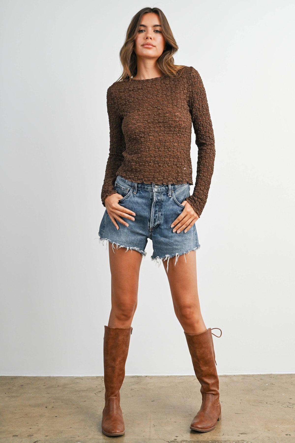 Ivory Textured Long Sleeve Top- BMT8482 - Proper