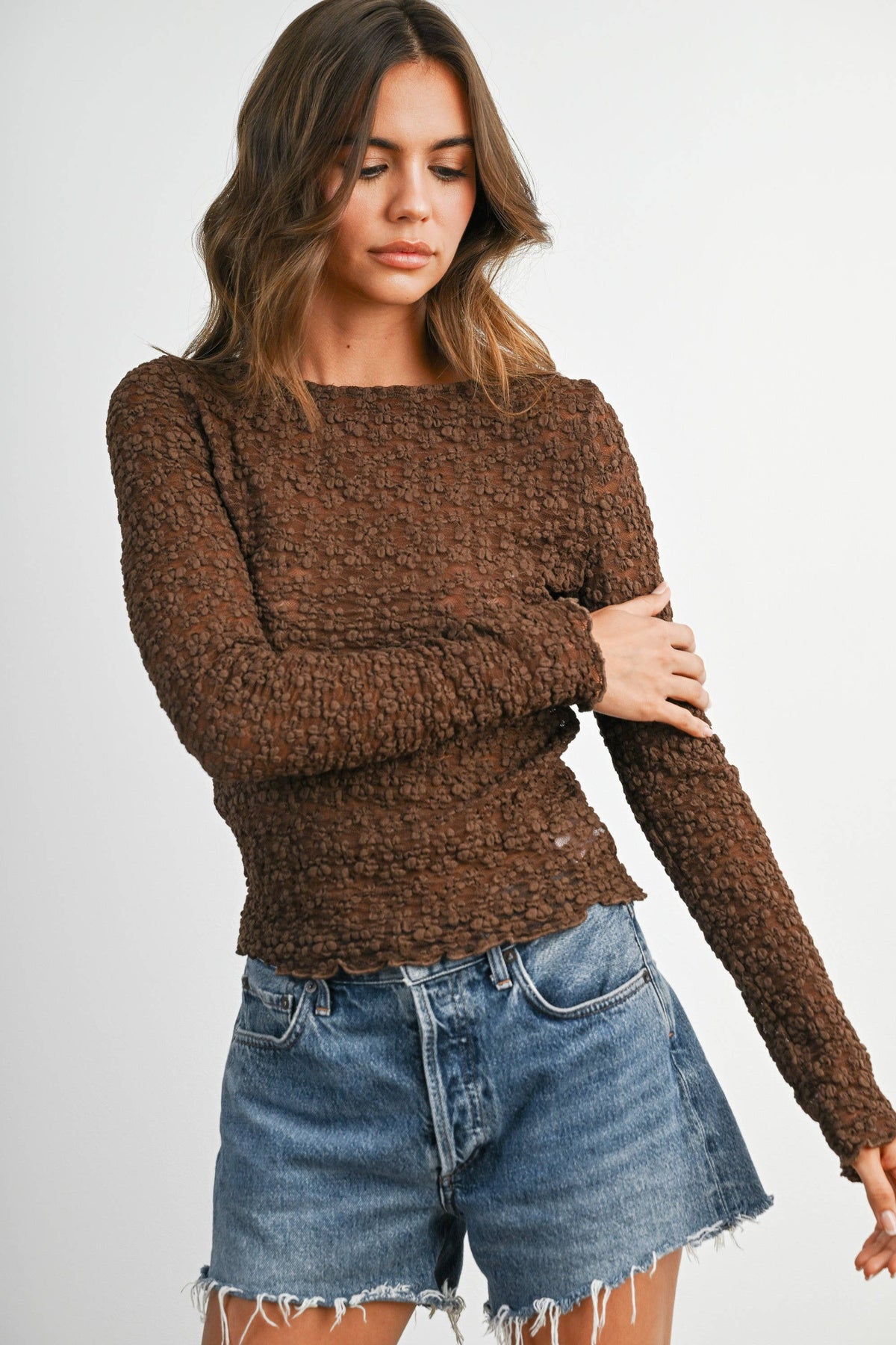 Ivory Textured Long Sleeve Top- BMT8482 - Proper