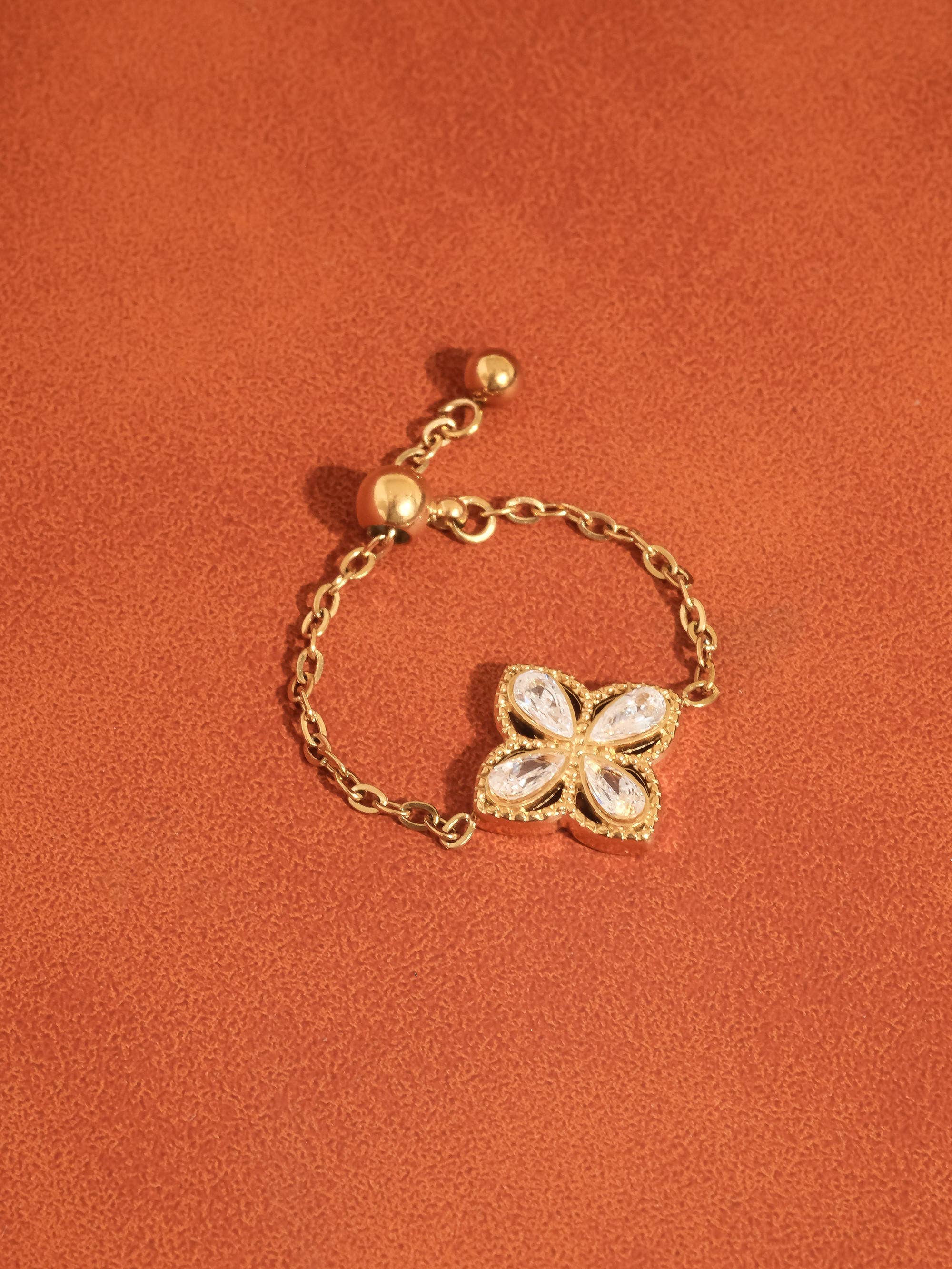 Lelandi 18K Gold Non-Tarnish CZ Floral Adjustable Chain Ring - Proper