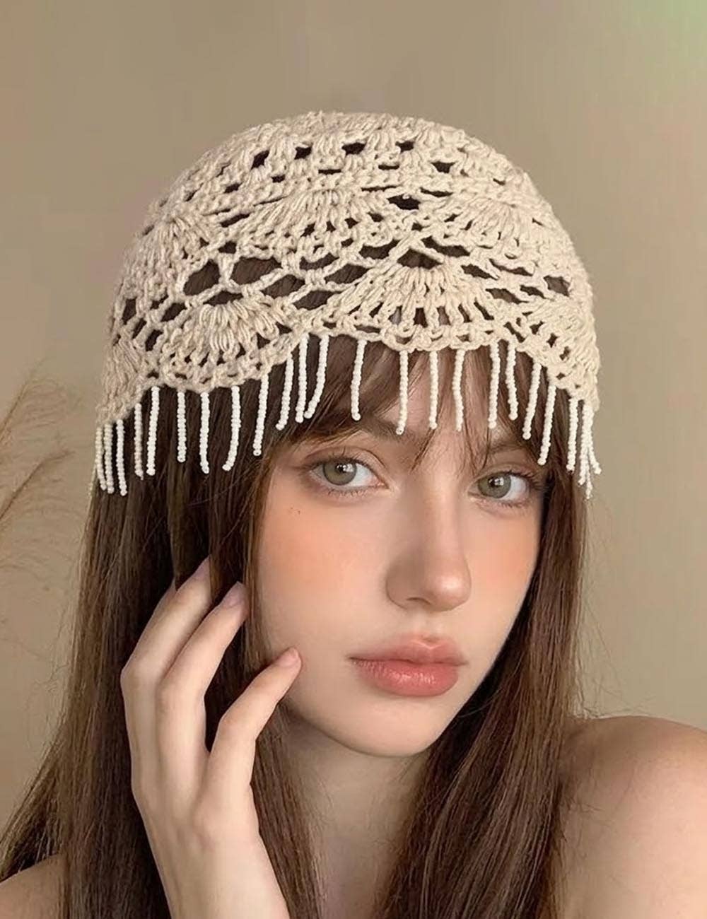 Boho Beaded Tassel Crochet Beanie Hat 8BK6HAT49 - Proper