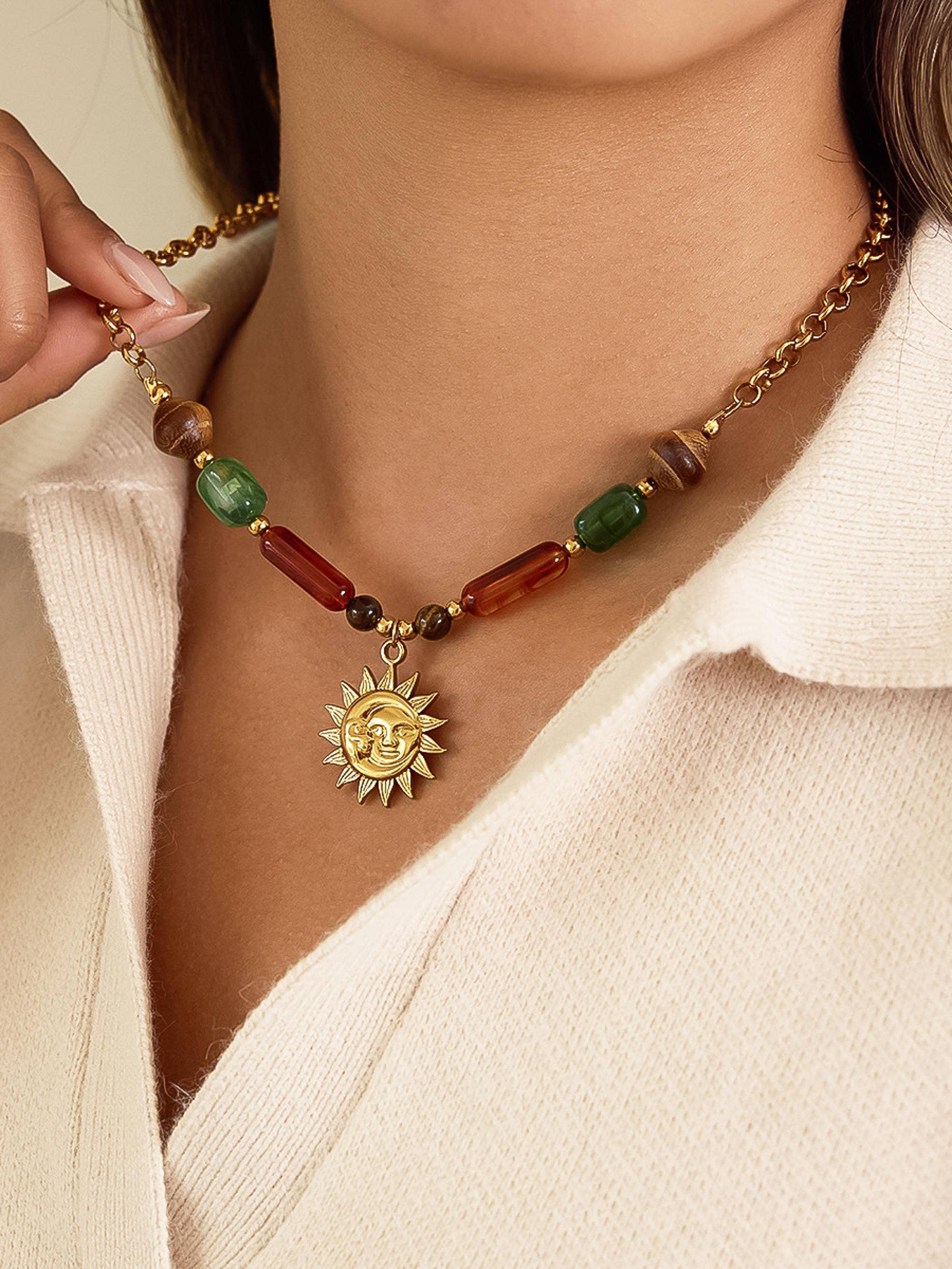 Brisa 18K Gold Non-Tarnish Beaded Sun Pendant Necklace - Proper
