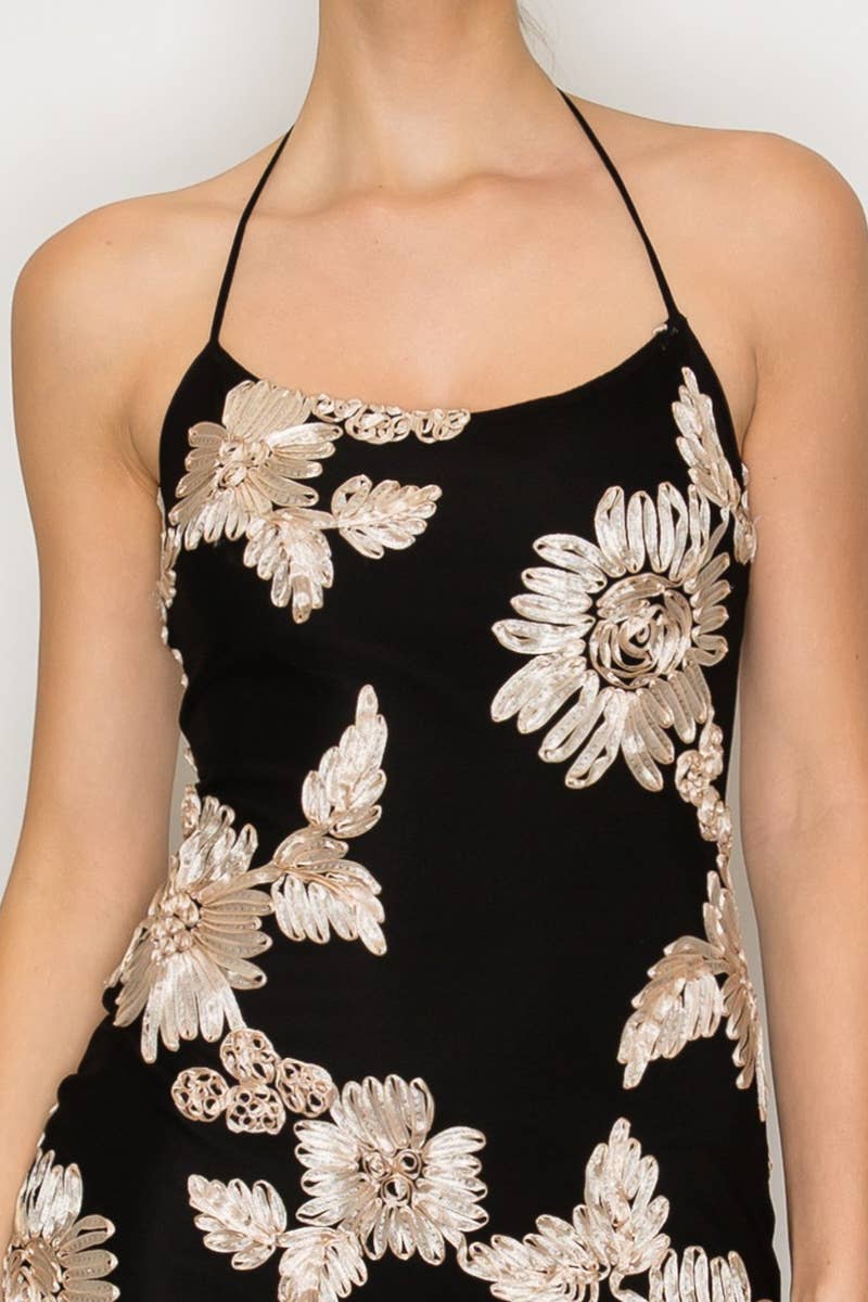 Floral Applique Halter Mini Dress - Proper