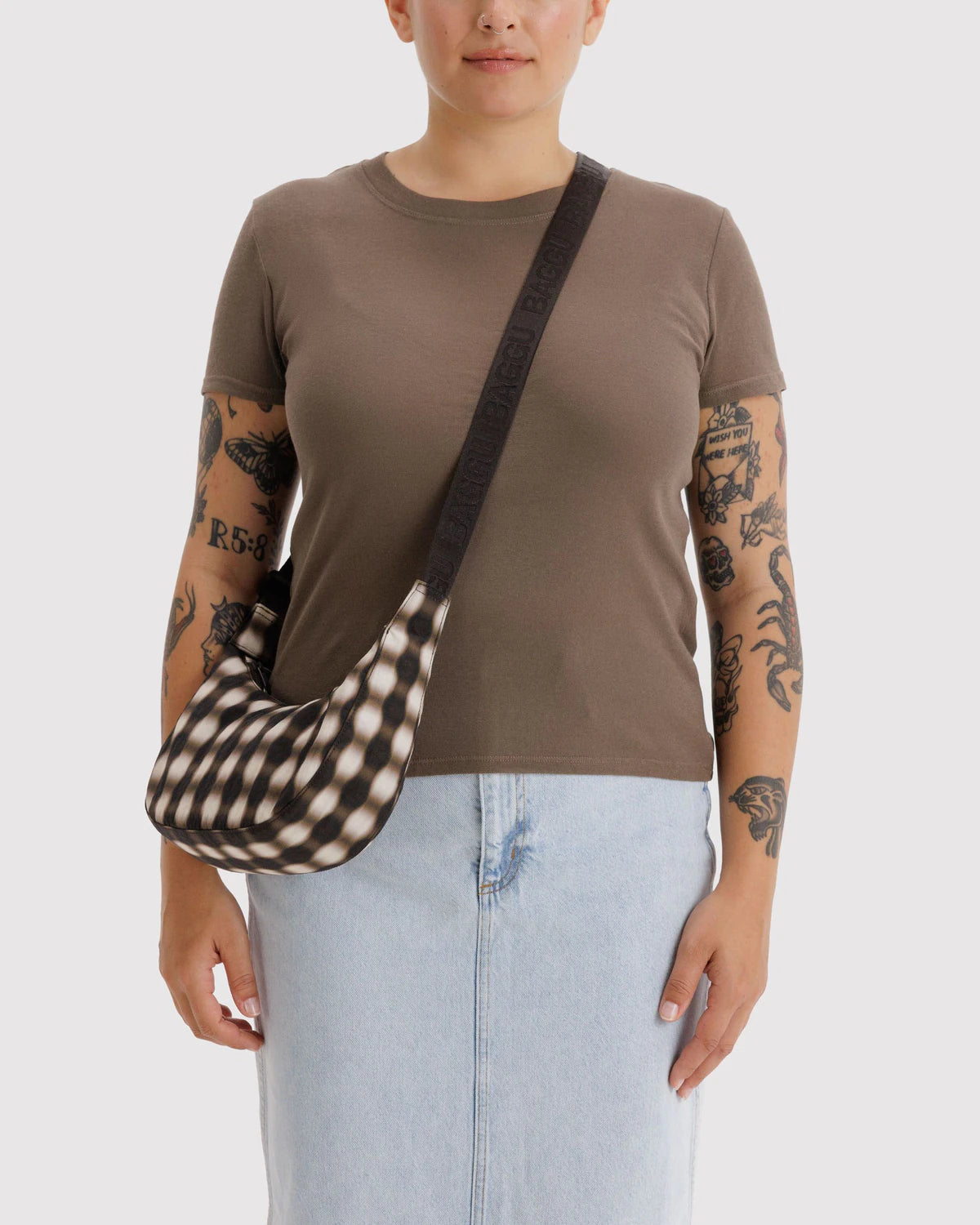 Baggu Small Nylon Crescent Bag - Blurred Gingham Brown - Proper