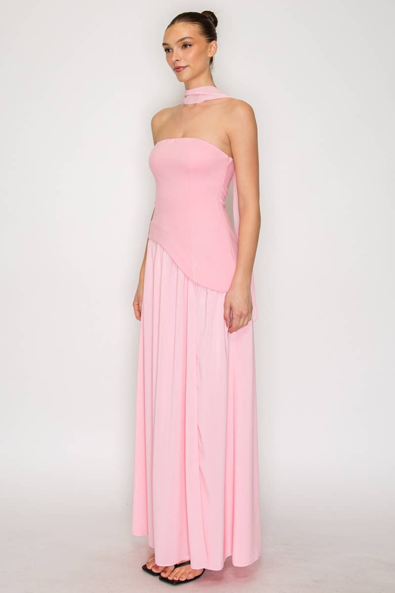 Strapless Scarf Neck Overlay Maxi Dress - Proper