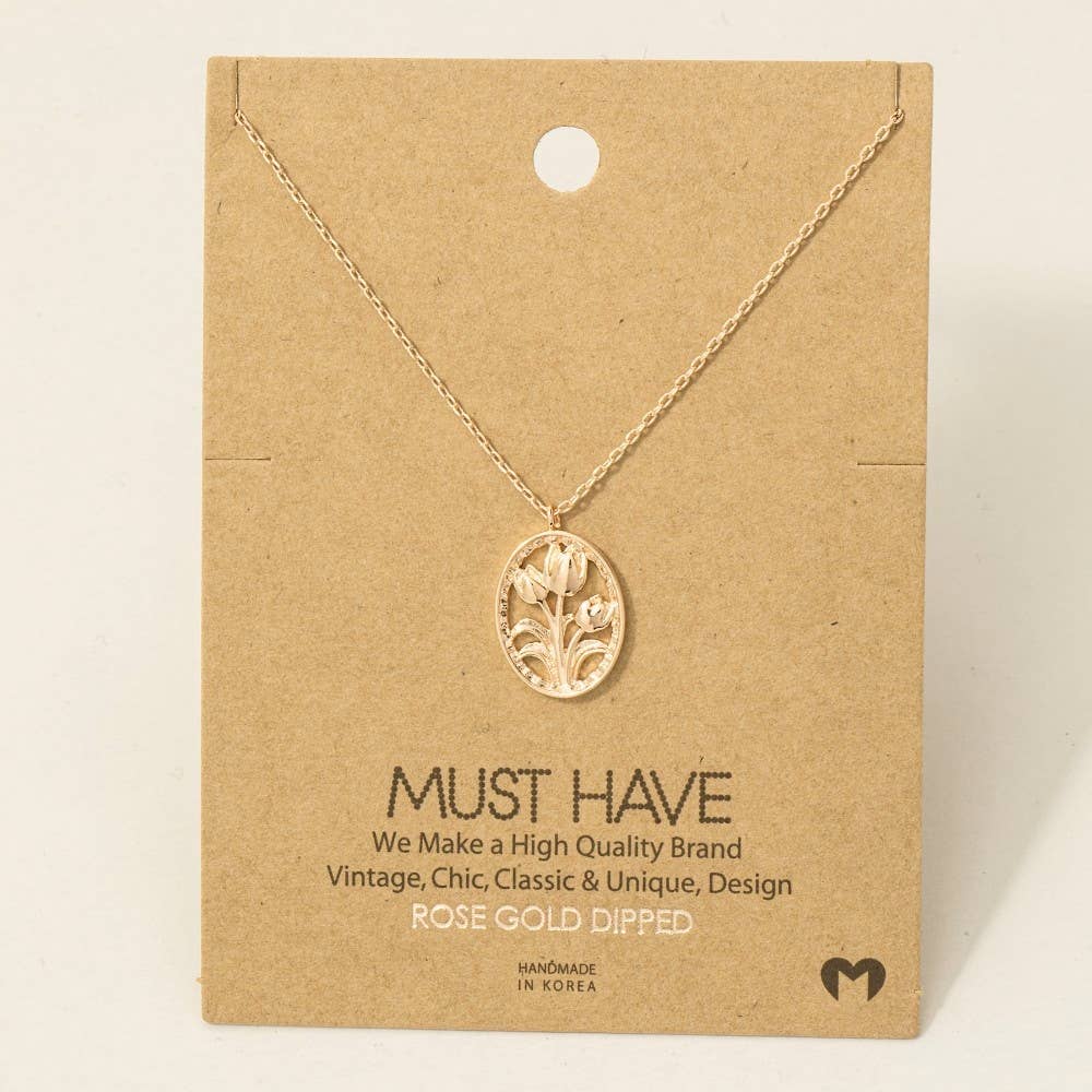 Gold Dipped Oval Tulip Coin Pendant Necklace - Proper