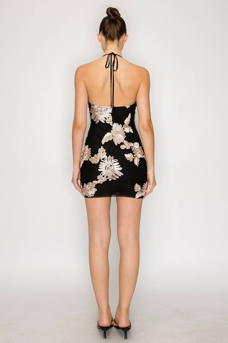 Floral Applique Halter Mini Dress - Proper
