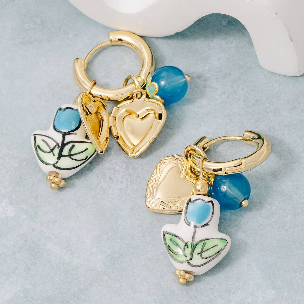 Heart Locket And Flower Charm Hoop Earrings - Proper