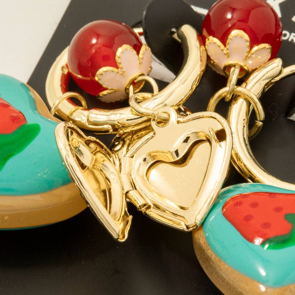 Strawberry Heart Locket And Fruit Charms Hoop Earrings - Proper