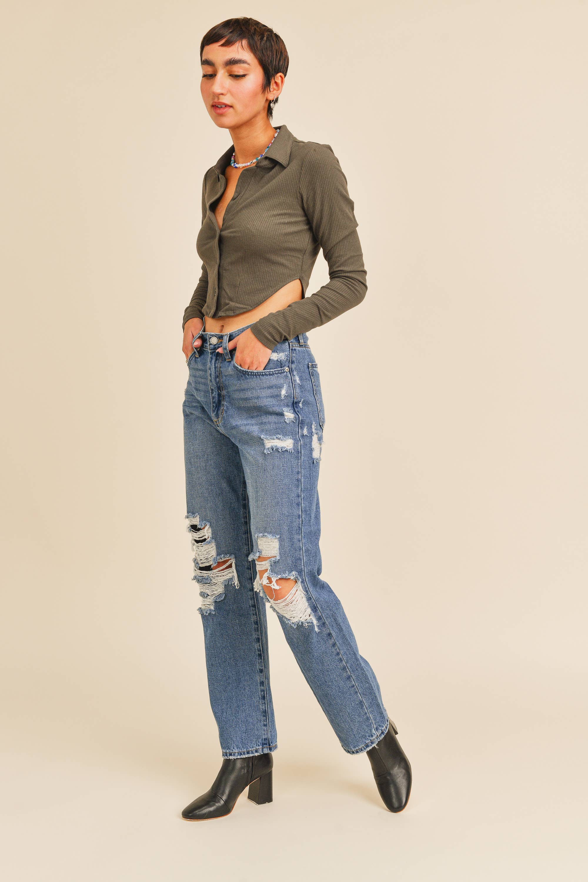 High Rise Distressed Dad Jean - Proper