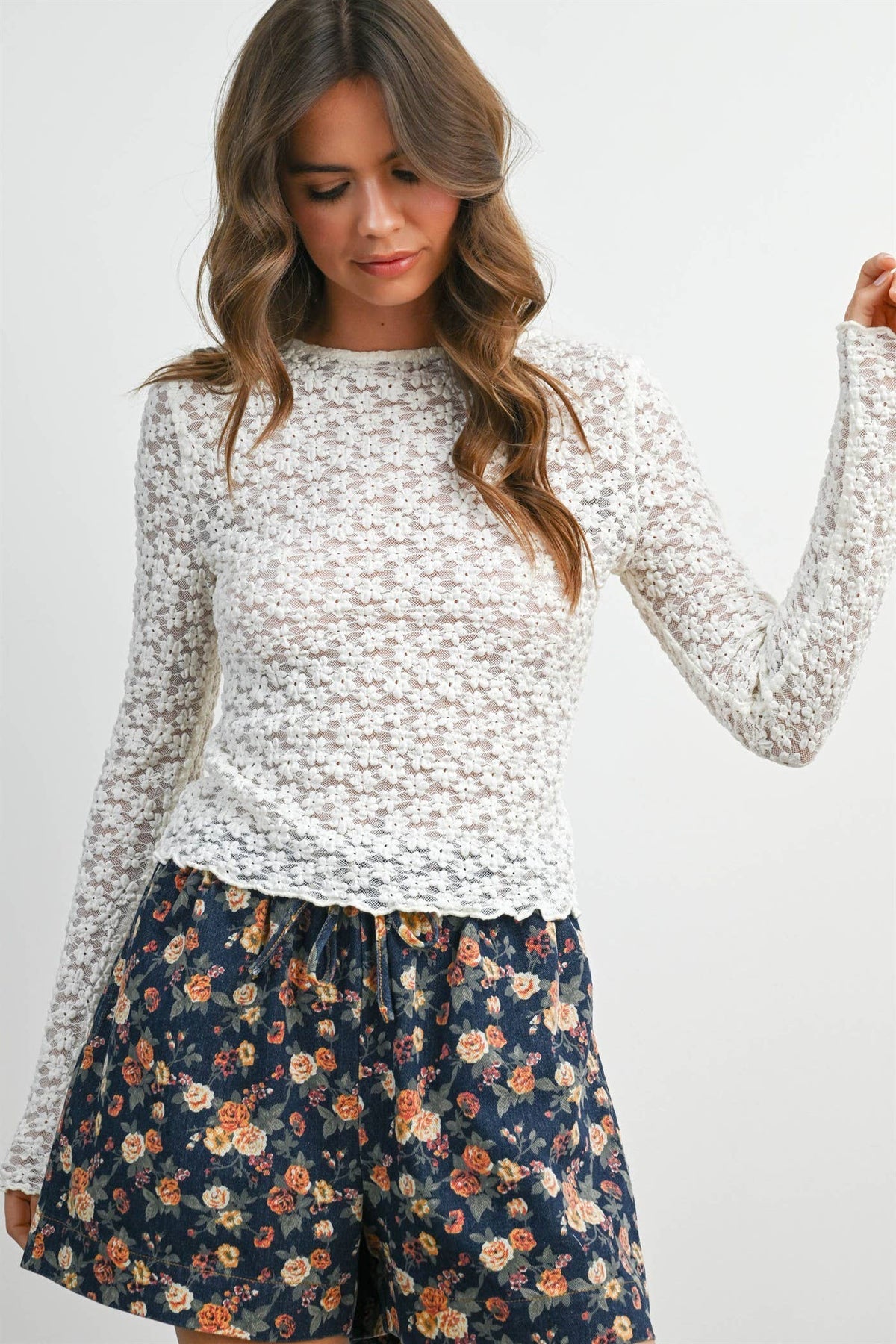 Ivory Textured Long Sleeve Top- BMT8482 - Proper