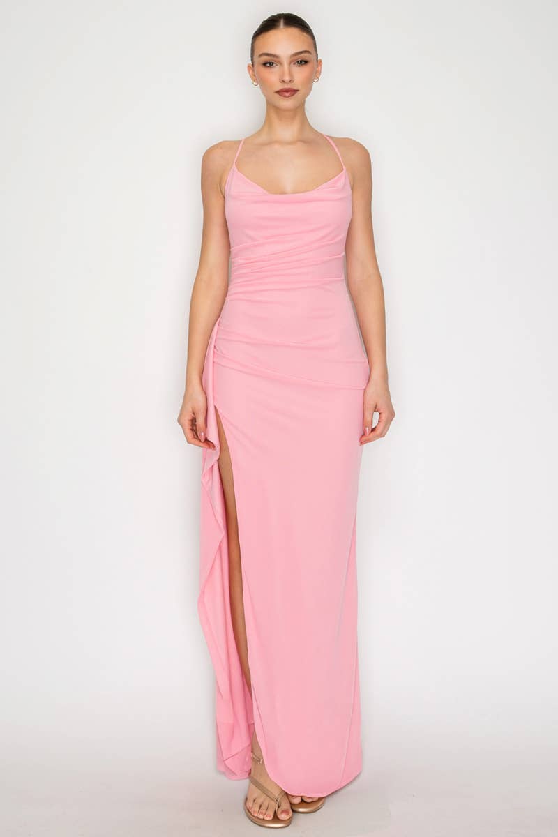 Cowl Neck Ruched Slit Maxi Dress - Proper
