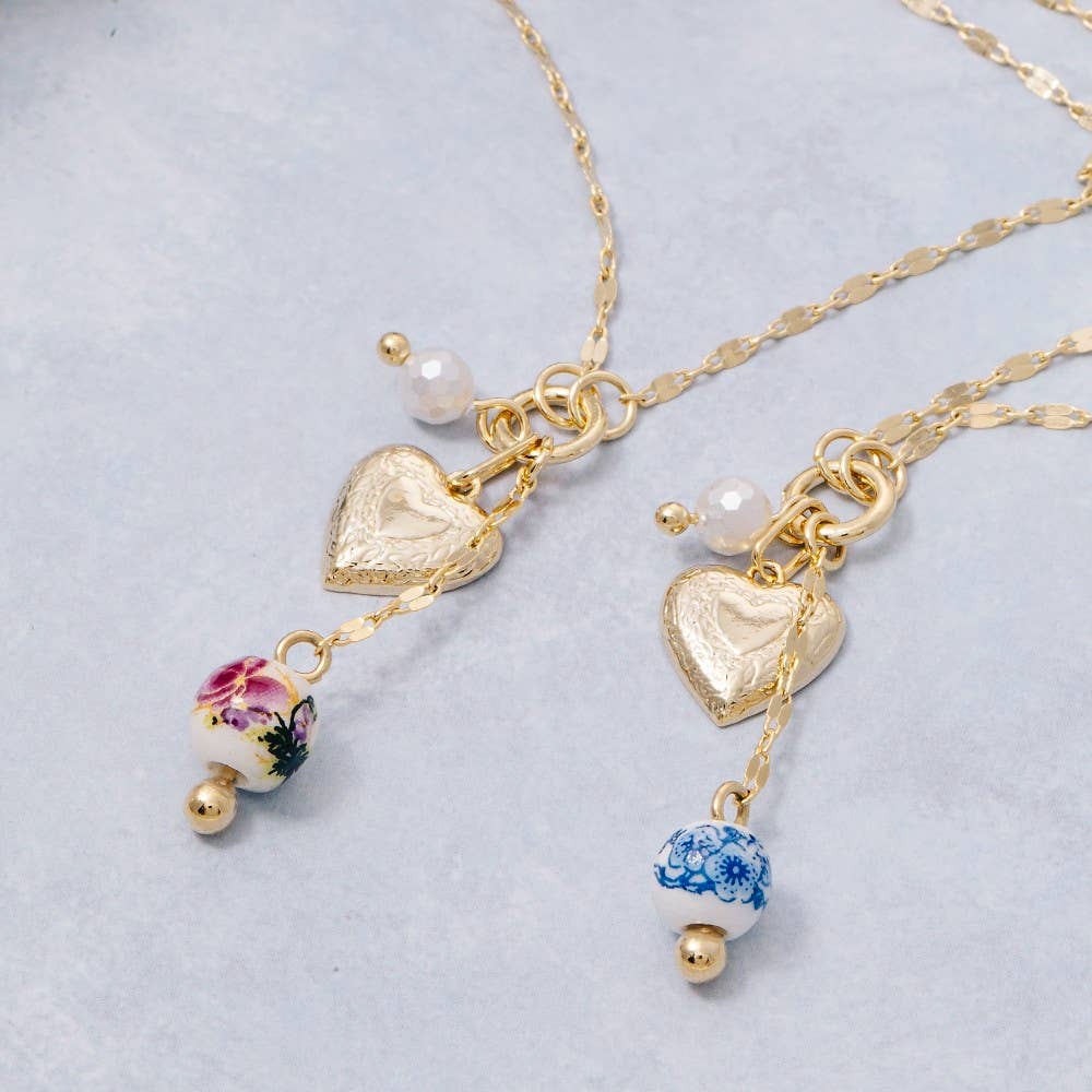 Heart And Floral Ceramic Bead Charms Necklace - Proper
