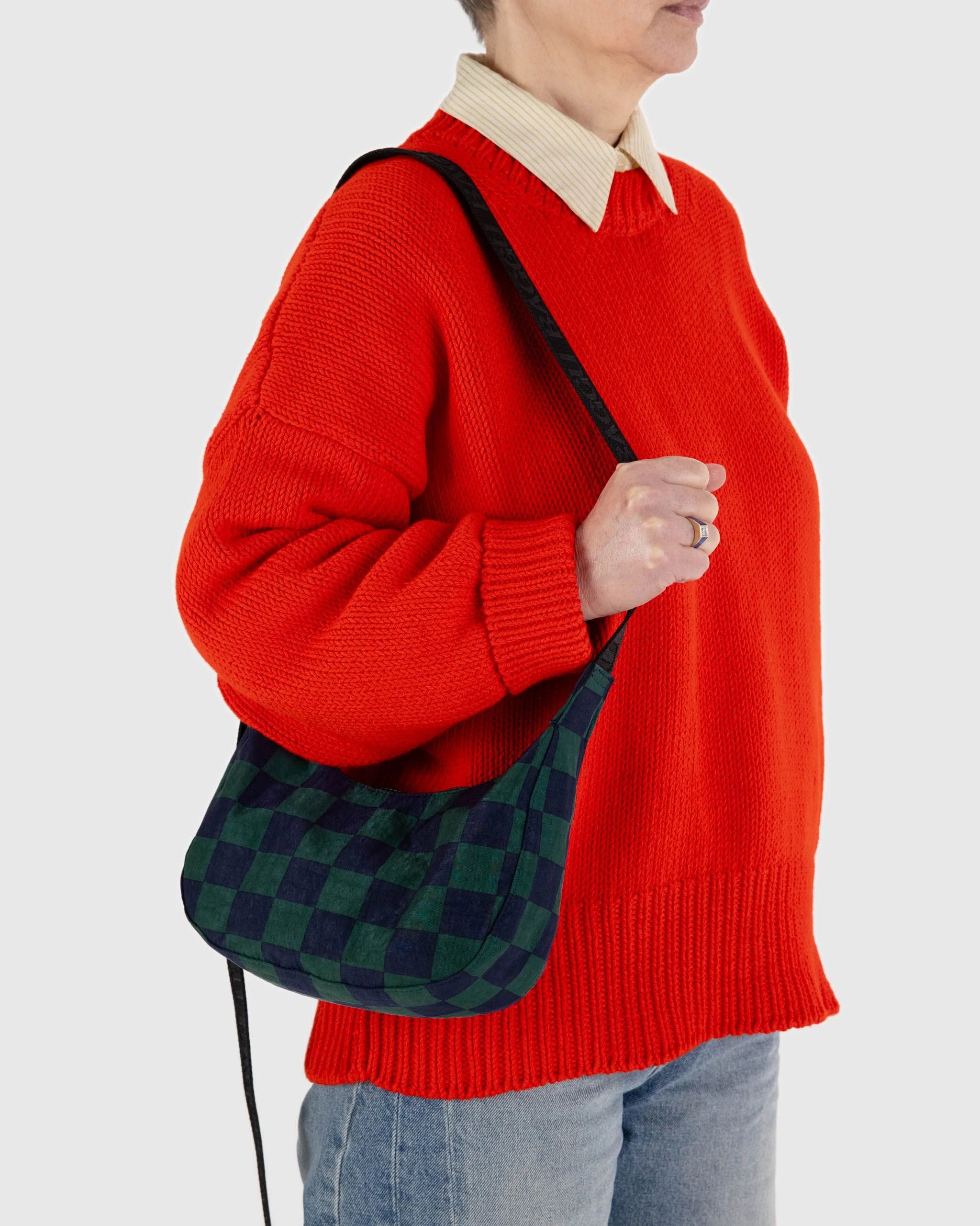 Baggu Small Nylon Crescent Bag - Navy Green Check - Proper