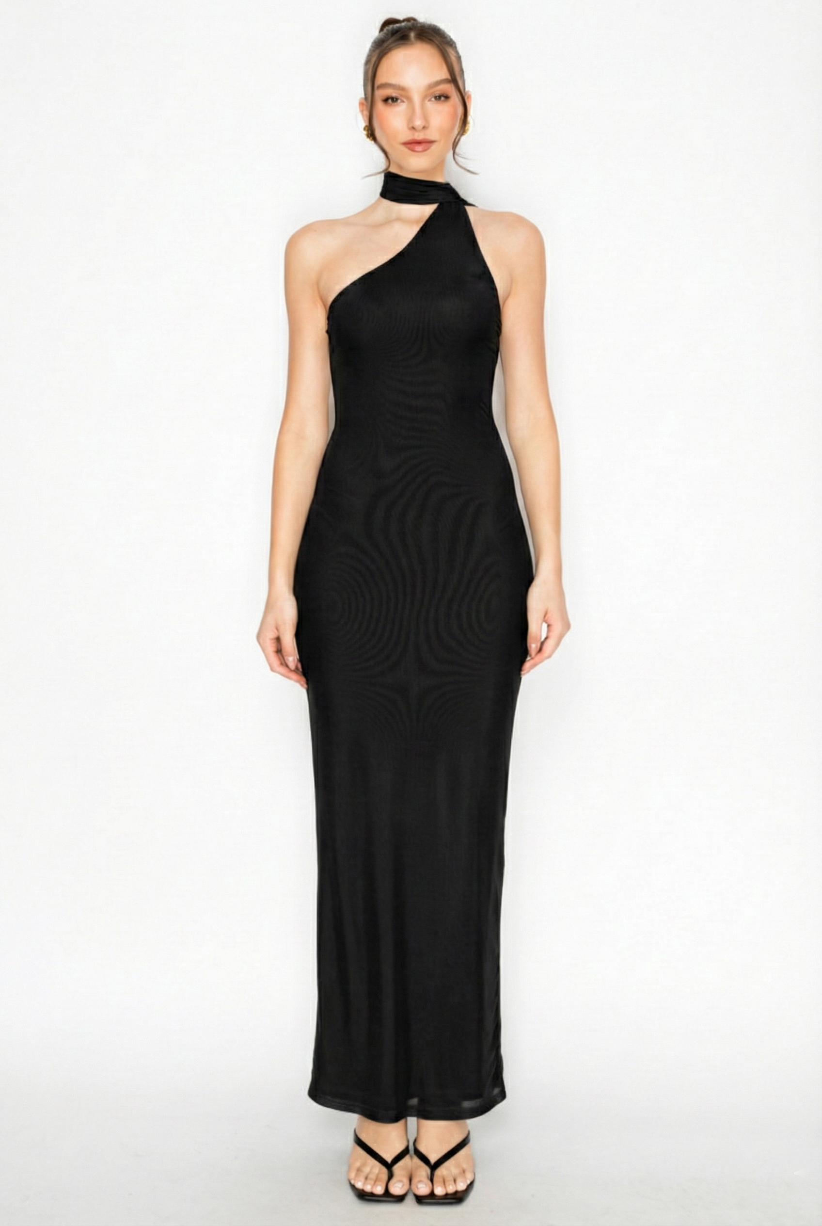 One Shoulder Halter Solid Mesh Maxi Dress - Proper
