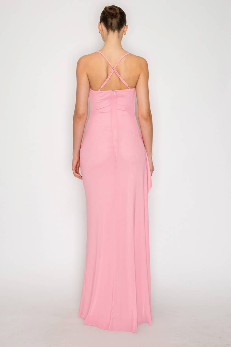 Cowl Neck Ruched Slit Maxi Dress - Proper