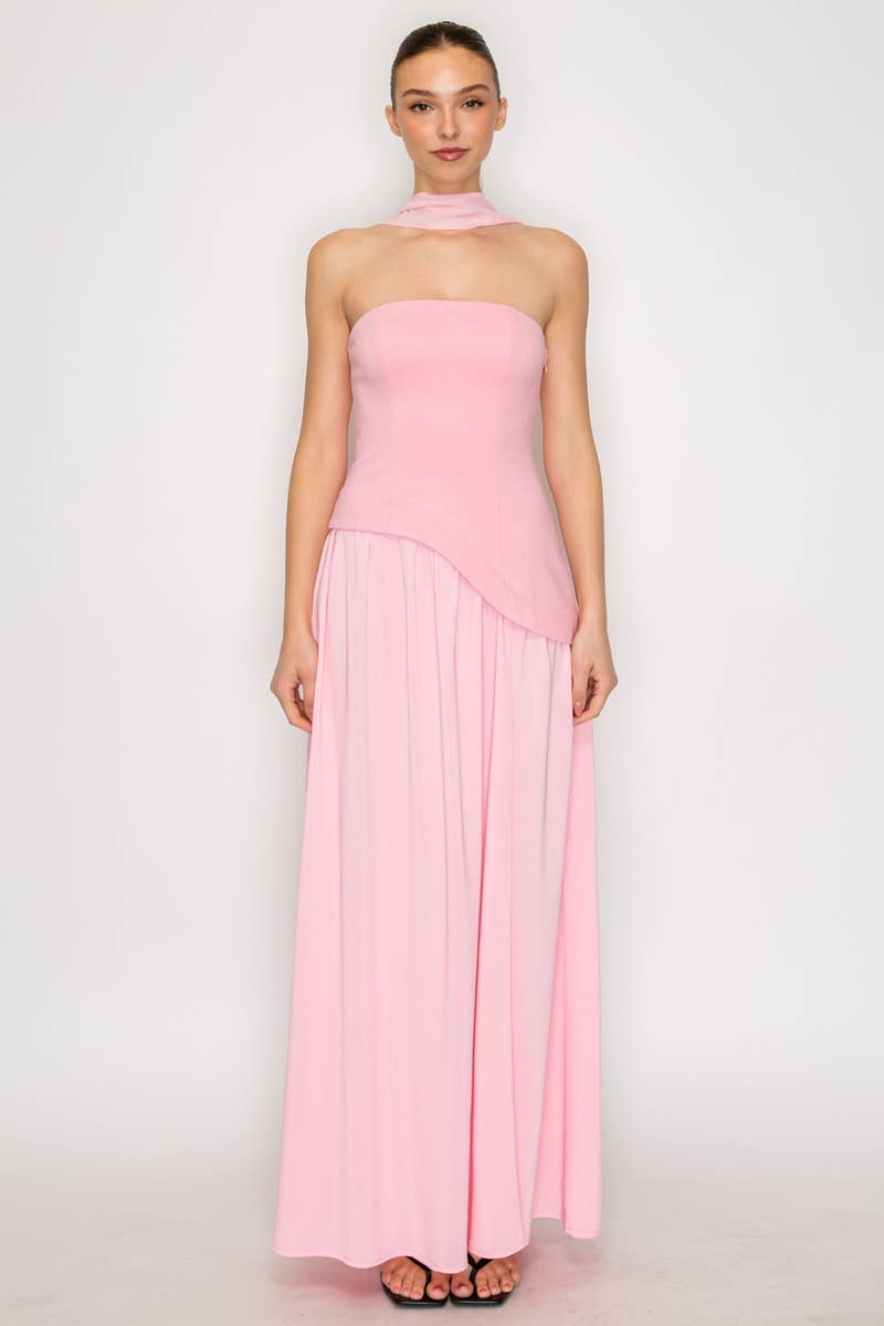 Strapless Scarf Neck Overlay Maxi Dress - Proper