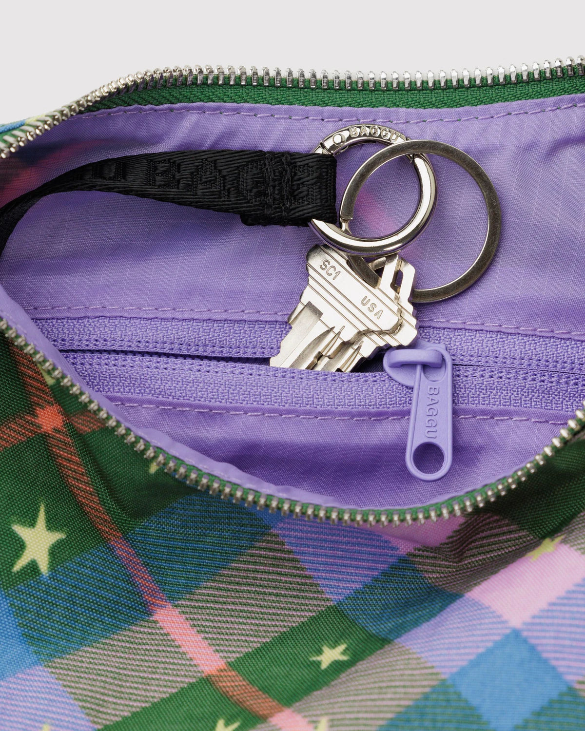 Baggu Small Nylon Crescent Bag - Green Star Plaid