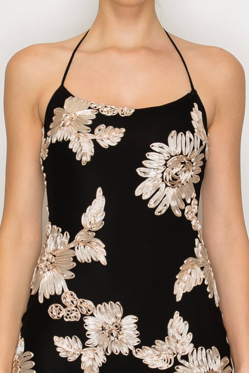 Floral Applique Halter Mini Dress - Proper