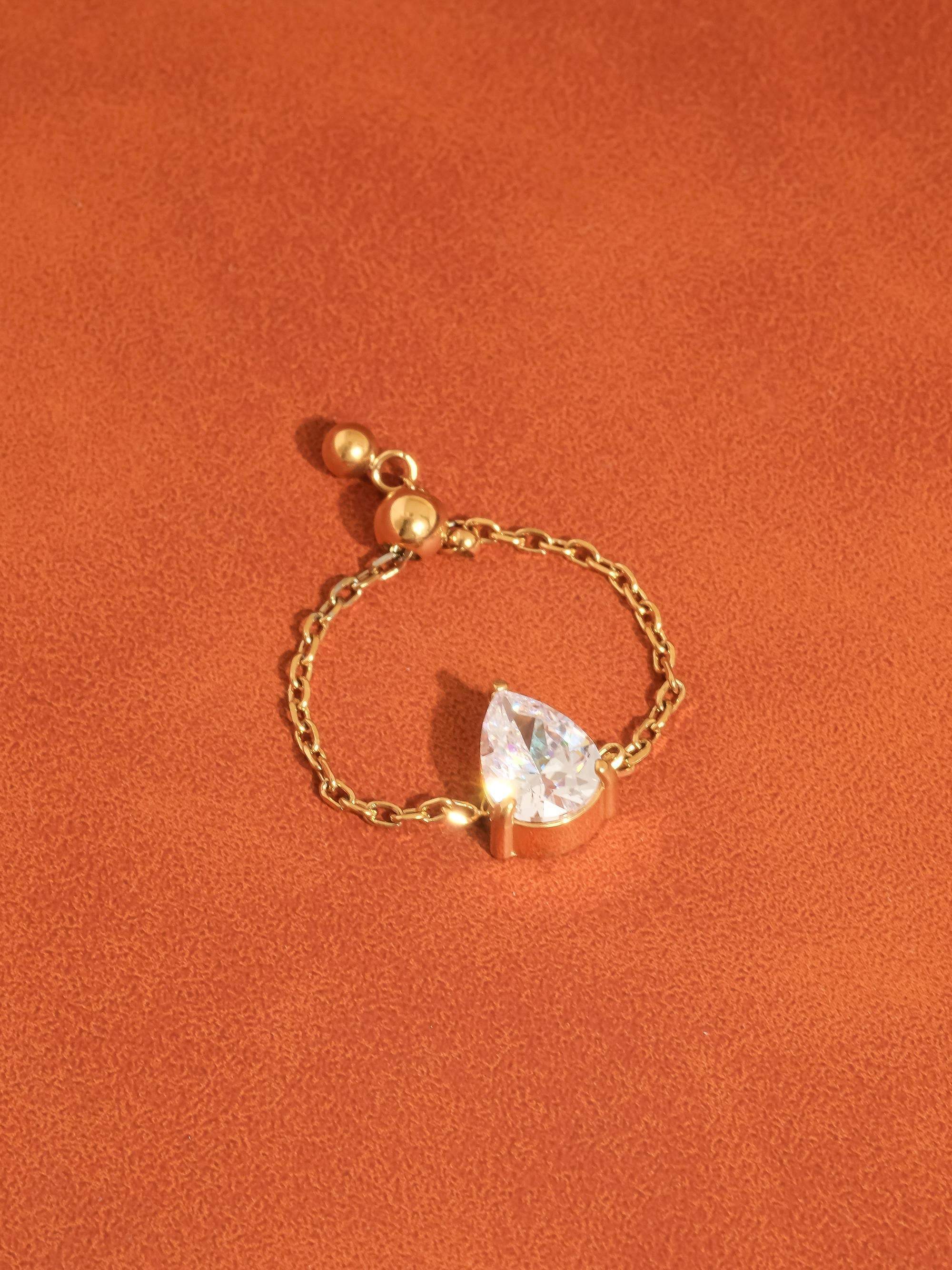 Alora 18K Gold Non-Tarnish Pear CZ Adjustable Chain Ring - Proper