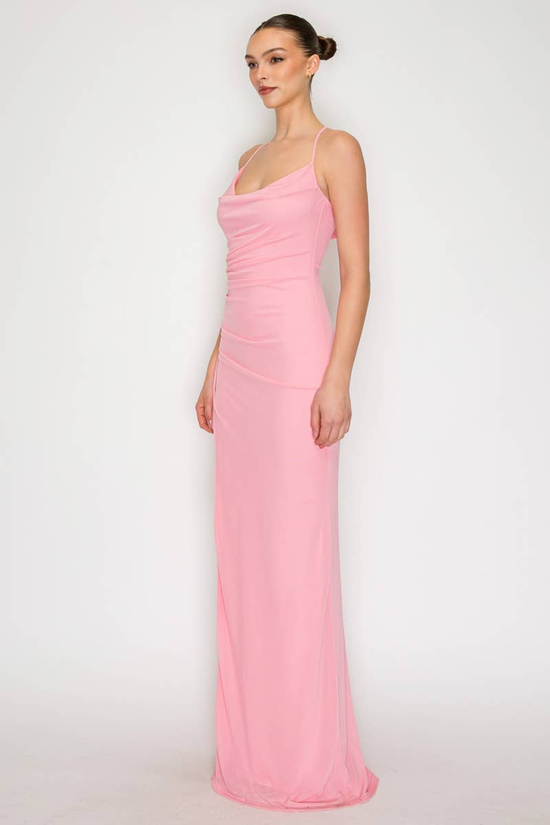 Cowl Neck Ruched Slit Maxi Dress - Proper