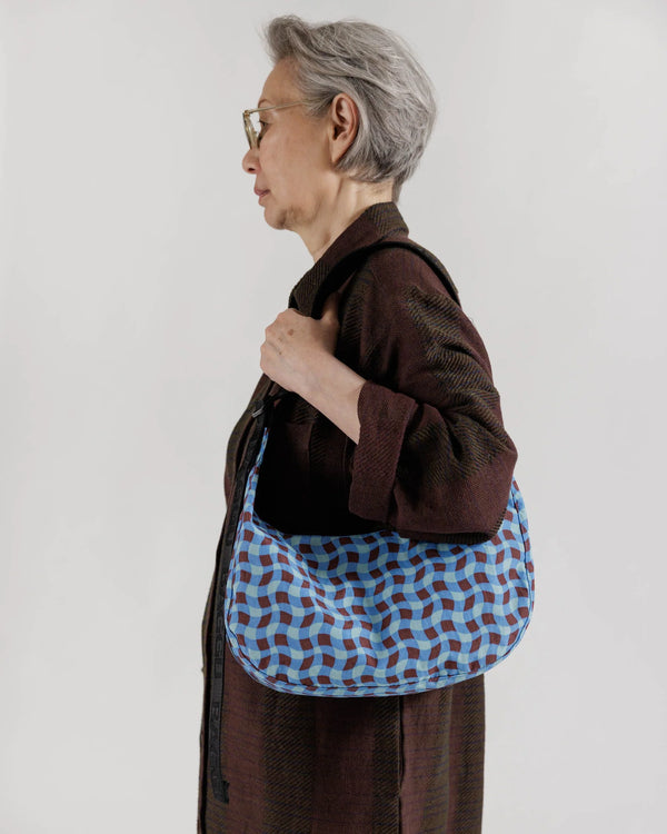 Wavy Gingham Blue Baggu Medium Nylon Crescent Bag - Proper