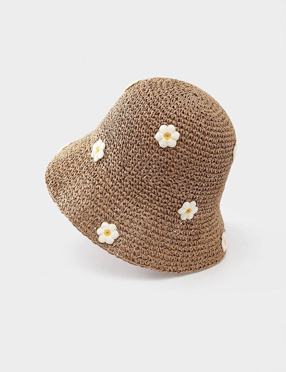 Cute Flower Embroidery Wide Brim Straw Hat 8BK6HAT13 - Proper