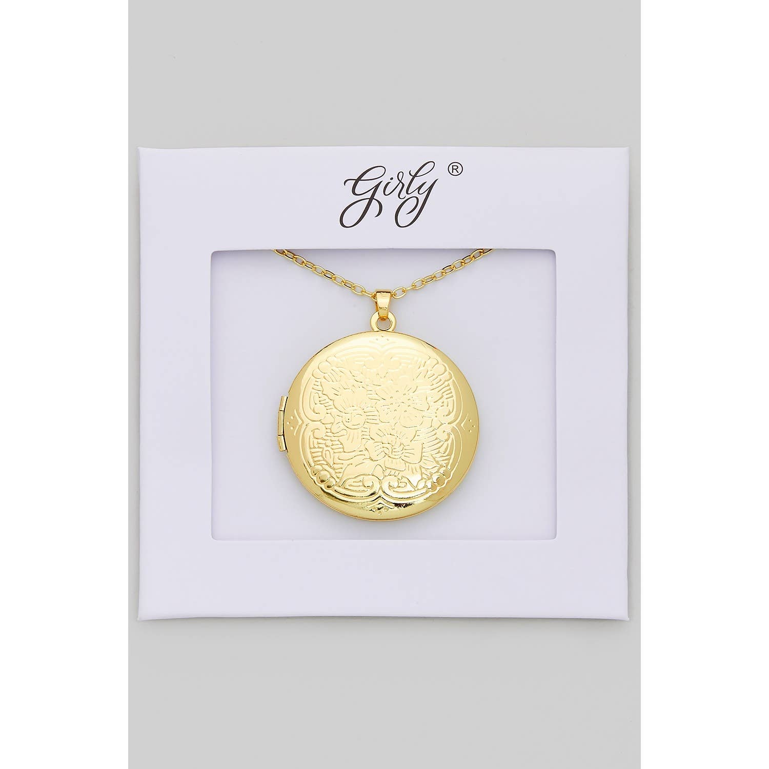 Flower Engraved Round Locket Necklace