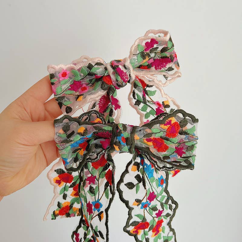 Floral Embroidered Bow Clip