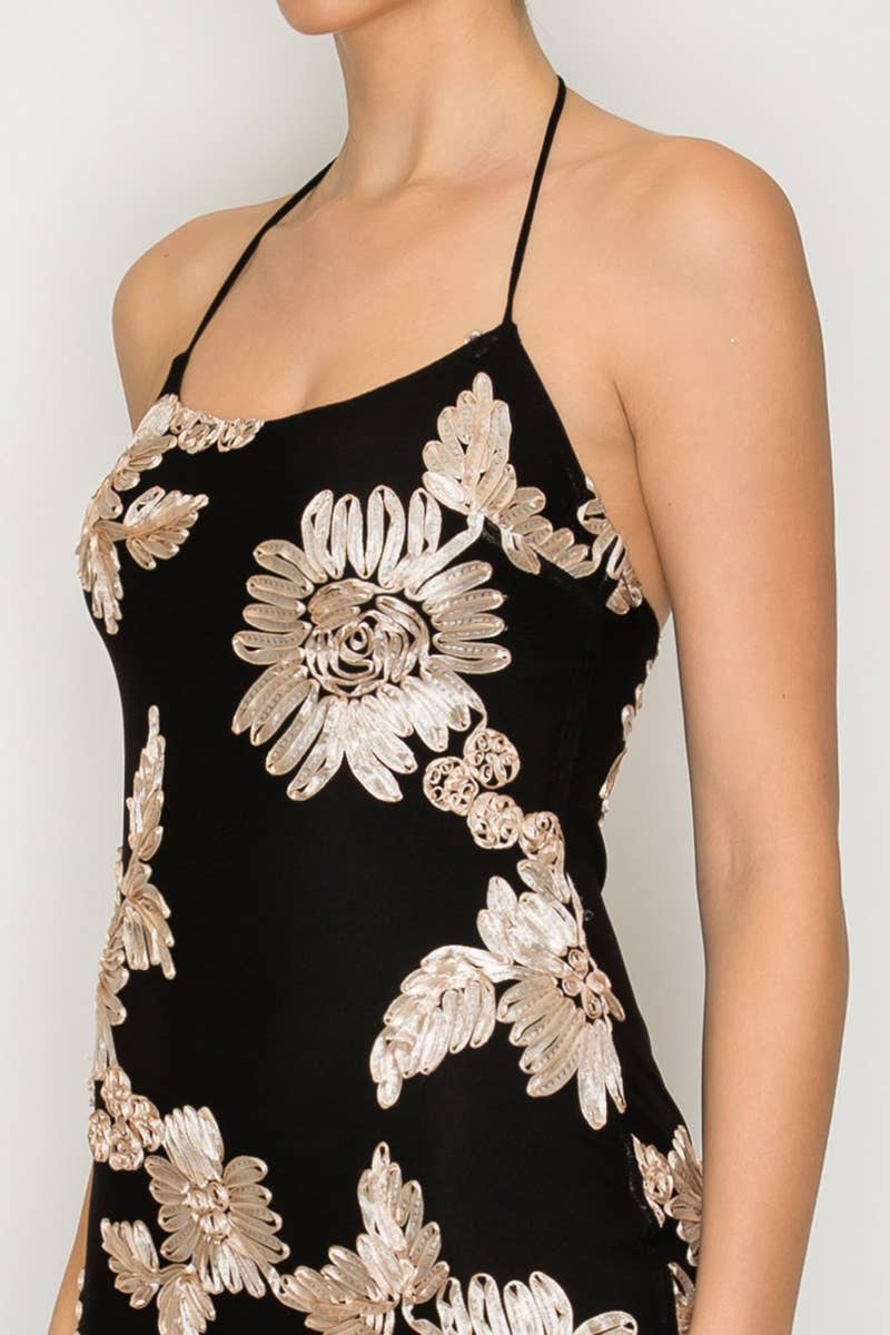 Floral Applique Halter Mini Dress - Proper