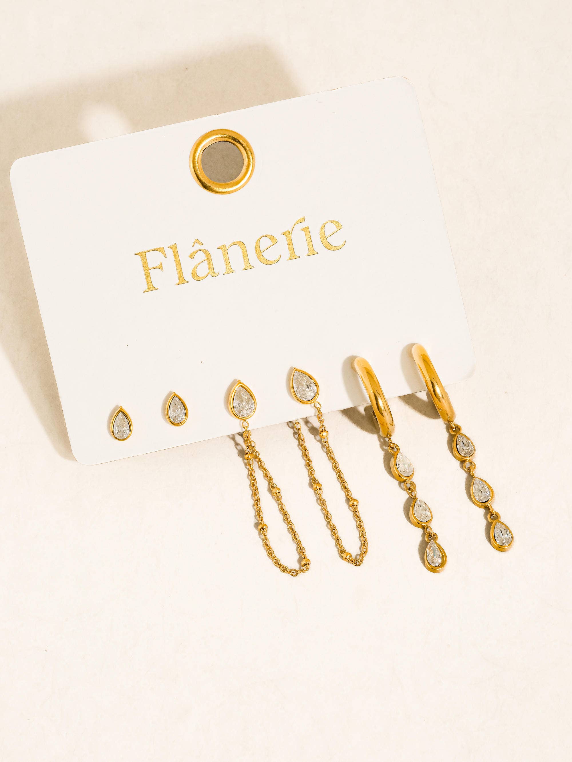 Finley 18K Gold Non-Tarnish CZ Chain Drop Earring Sets - Proper