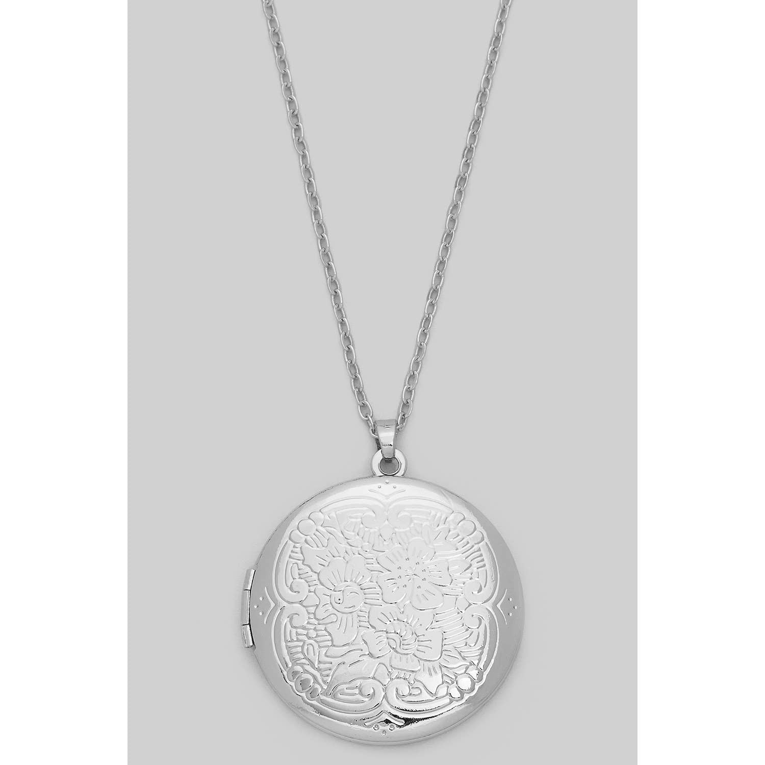 Flower Engraved Round Locket Necklace