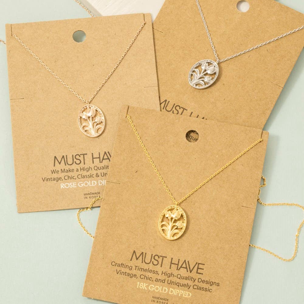 Gold Dipped Oval Tulip Coin Pendant Necklace - Proper