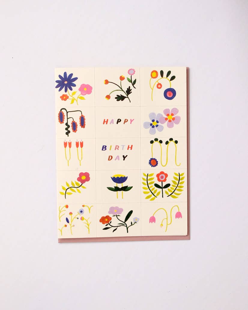 Grid Flower Doodles Birthday Card - Proper
