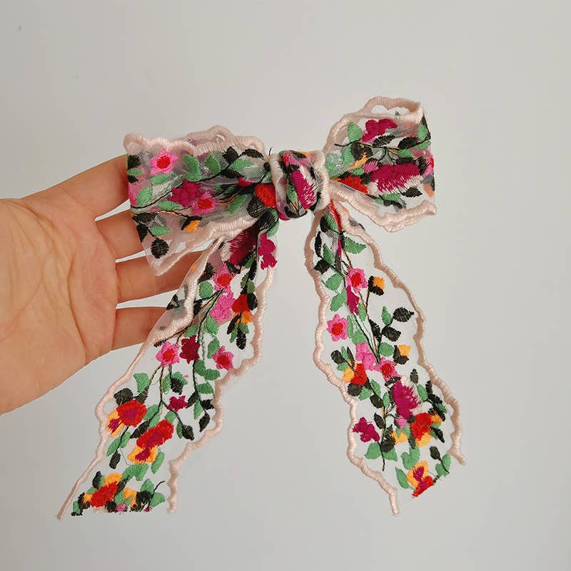 Floral Embroidered Bow Clip