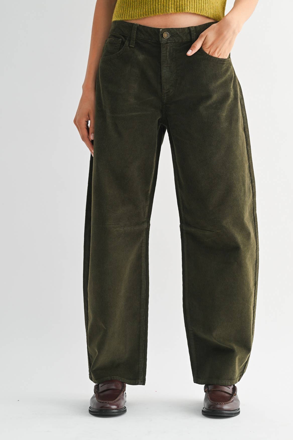 DP786-C - DK OLIVE - Corduroy Barrel Jean - Proper